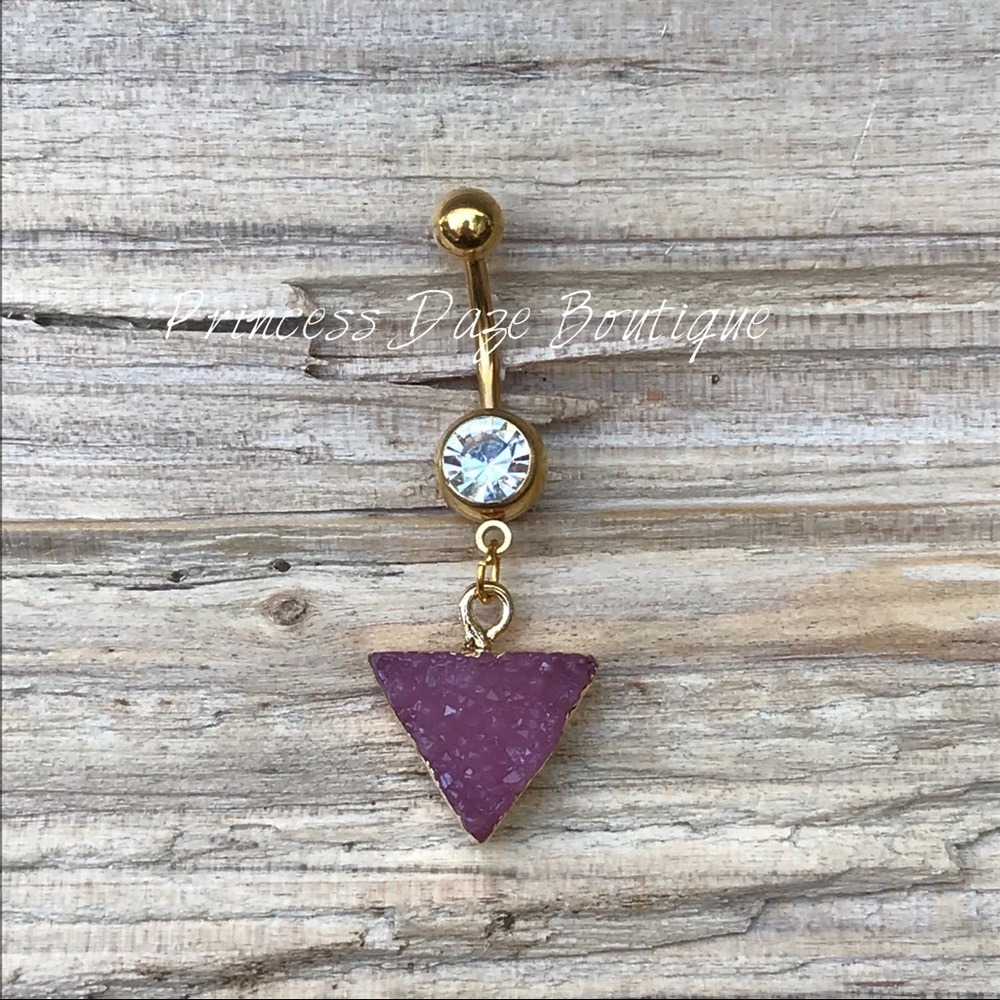 Gold Pink Druzy Stone‎ Belly Button Ring